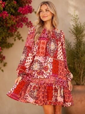 Umgee Red and Pink Patchwork Long-Sleeve Mini Dress